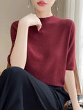 Half-High Collar Fashion Knitted Five-Sleeve Top Lady Summer Thin Flower Solid Color T-Shirt Loose Bottom