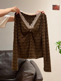 Curry Lace V-Neck High-End Feel Two Long-Sleeved T-Shirt Thick Winter Body Inside And Outside To Wear Clothes