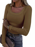 2026 New Burst Threaded Pit Strips Long-Sleeved Sexy U-Neck Casual Women's T-Shirt