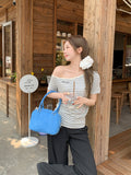 Fashion Temperament High-End Oblique Shoulder Collar Color Striped Embroidery Design Short-Sleeved T-Shirt For Women's Summer New Top