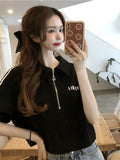 Polo Collar T-Shirt For Women 2025 Summer Short Loose Top Design Small Half Zipper Front Shoulder Short Sleeve Pure Cotton
