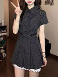 Korean Vintage Fake Two Wave Point Short-Sleeved Dress Women's Spring College Style Wearing Waist Thin A Word Skirt
