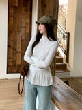 Sweet Cute Wooden Ear Half-High Collar Long-Sleeved Knitted Shirt Woman 2026 Autumn Loose Thin Leaves Side Top