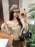 One-Word Shoulder Mesh Splicing Bumpy Color Strapped Long-Sleeved T-Shirt For Women In Early Autumn 2026 Slimming Bottom Shirt