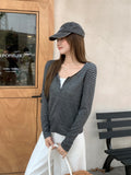 Korean V-Neck Pocket Zippered Striped Long-Sleeved Jacket 2026 Early Autumn New Loose Short Top Cardigan Woman