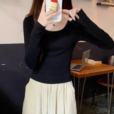 White Flowers Gray Shoulder Long-Sleeved T-Shirts For Autumn And Winter Design Feel Big Neck-To-Mouth Hot Girls Pure Desire Short-Term Bottom To Put On The Top Of The Coat