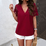Dili Women's Clothing 2025 Spring And Summer Temperament Pure Color V-Necked And Colorful Short-Sleeved Top
