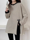 Pure Cotton Striped T-Shirt Women's Bottoming Shirt Korean Version Of The Large-Size Loose Open-Fork Niche Long-Sleeved Top Spring And Autumn Tide