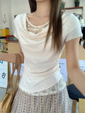 Korean Wearing Lace Lace Splicing Collar Collar Collar Collar Short-Sleeved T-Shirt Women Spring And Summer Pure Temperament Inside The Top