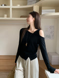 Design Chic Temperament Oblique Shoulder Long-Sleeved T-Shirt Autumn New Irregular Opening Open Fork And Dew Shoulder