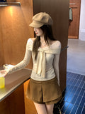 One-Word Shoulder Mesh Splicing Bumpy Color Strapped Long-Sleeved T-Shirt For Women In Early Autumn 2026 Slimming Bottom Shirt