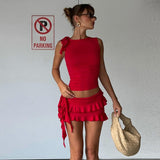 2025 New Women's Fashion Sleeveless Round-Necked Small Vest Open Umbilical Half-Dress Skirt Suit
