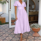 Dili 2025 Spring/Summer Leisure Commuting Holiday Wind V. Collar High-Waist Short-Sleeved Open-Fork Dress Woman