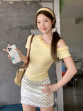Milk Yellow Wood Ear Twill Collar Shoulder Short-Sleeved T-Shirt 2026 Summer Wrinkled Waist Design Feel Thin Top