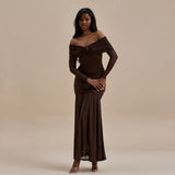 Autumn 2025 New Women's Fashion Temperament Solid Color Folds Long Sleeves Shoulder Dress