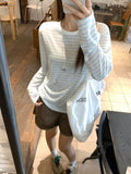 Blue Round Neck Stripes Crash Cool Long-Sleeved Hoodie T-Shirt Girl Summer Slim Lazy Blouse