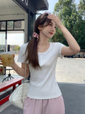 Pure Lust Lace Low Round Neck T-Shirt Women 2026 Summer New Collar Button Repair Bottom Shirt Top
