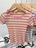 Pure Cotton Shoulder Rainbow Striped Short-Sleeved T-Shirt For Summer New Design Wood Ear Collar Body Dress