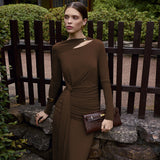 Autumn 2025 New Long-Sleeved Fashion French Temperament Irregularly Drifted With Solid Color Dress