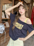 Blue Dopamine Slanted Shoulder-Sleeve T-Shirt For Women's Summer 2026 New Fashion Letter Print Sexy Top