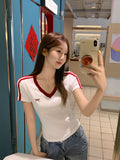Spice Girl Wind Butterfly Embroidered V-Neck Short-Sleeved T-Shirt Girls Summer New Sheds Pure T-Shirts