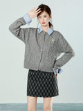 Grey POLO Collared Two Long-Sleeved Knitted Sweater Jacket Bottomed With Spring Blouse Woman