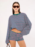 Fashion Casual Striped Long-Sleeved Top Shorts Set Female Retro Lazy Wind Low-Rise Thin Two-Set Woman