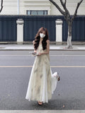 French Retro Ink Print Sling Dress Women's Summer Beautiful Temperament To Close The Waist And Bare Seaside Holiday Dress