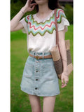 This Year's Popular Beautiful Summer Dress With Denim Skirt Knitted Top Fashion Small Striped Short-Sleeved T-Shirt Girl