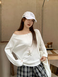 Pure Desire A Word Shoulder Gray Angle Shoulder Long-Sleeved T-Shirts For Women's Autumn Loose Bottom Shirt Languid Chic Beauty Top