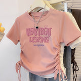 Pure Cotton T-Shirt Women's Short Sleeves To Repair Short Sweet Summer 2025 New Drawstring Collar Top