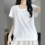 Short-Sleeved Women's Summer 2025 New Pink Shoulder T-Shirt Korean Loose Simple Leisure Thin U Collar Top