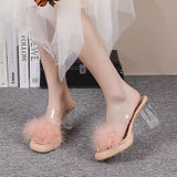 Large-Size Women's Shoes 2025 New Crystal Coarse And Skirt High Heel Slippers Wearing Fur Cold Slippers Women