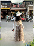 Summer New Korean Tulle Dress Irregular Long Long-Term Half-Tight Waist Print Lattice Half-Dress