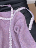 French Purple Lace Ribbon V-Neck Sweater Female Spring And Autumn Atmosphere Knitted Shirt Unique Super Good-Looking Top Tide