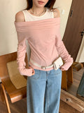 Black And White Spliced Shoulder Long-Sleeved T-Shirt Women 2026 Regular Hottie Repair Fake Two-Piece Top