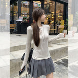 Blue Round Collar Shoulder Foundation Long-Sleeved Bottom Shirt Women 2026 Autumn Simple Set Slim Top