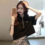 Polo Collar T-Shirt For Women 2025 Summer Short Loose Top Design Small Half Zipper Front Shoulder Short Sleeve Pure Cotton