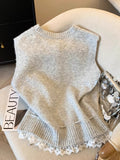 Soft-Gallow Light Gray Lace Lace Hem Spliced With Vest Women's Spring New Folding Loose Knitting Top