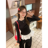 Korean Design Fake Two Lotus Leaf Side Long Sleeve Bottom Shirt Women Autumn And Winter Grinding Plus Plus Thick Warm Small Coat