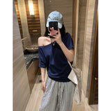 One-Word Shoulder Gray 220G Heavy Cotton Short-Sleeved T-Shirt Girl With Languid Summer Slouching Loose Slanted Shoulders
