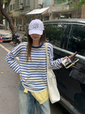 Korean Loose-Sensitive Stripes Bumpy Round-Neck Long-Sleeved T-Shirt For Women's Summer New Loose Meat Cover Thin Cloth