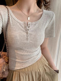 Simple Solid Color Short-Sleeved Button T-Shirt Girl Summer 2025 New Hot Girl Set Up Shoulder Short Top Tide