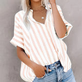 Dili 2025 Spring/Summer Leisure Commuter Print Striped Collider Short Sleeves R-Shirt Shirt Women's Clothing