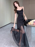 Black Sling Dress Dress High Sexy Famous Temperament Thin Mesh Splicing Irregular Long Dress Summer