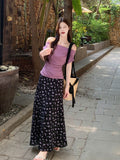 One-Word Shoulder Slimming Folded Short-Sleeved T-Shirt High-Waisted Floral Skirt 2026 Summer Fashion Suit Women Ins