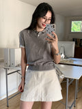 Flower Ash Polo Collar Fake Two-Piece Design Knitted Short-Sleeved Woman Summer Pure Want Small Man To Repair The Bottom Of The Top