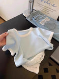 Korean Fresh Lace Side Splicing Hollow Short-Sleeved T-Shirt For Women's Summer French Ice Collar Collar