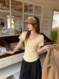 Yellow Simple Casual C Chic V-Neck Short-Sleeved Woman 2026 Summer New Fashion Age Reduction Front Shoulder T-Shirt Korean Top