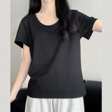 Short-Sleeved Women's Summer 2025 New Pink Shoulder T-Shirt Korean Loose Simple Leisure Thin U Collar Top